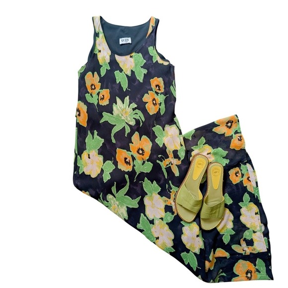 MGR Dresses & Skirts - Mgr Vintage 90s Cottagecore Lime Green Painted Floral Flowy Maxi Dress